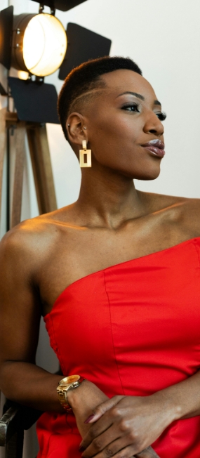 a woman in a red dress