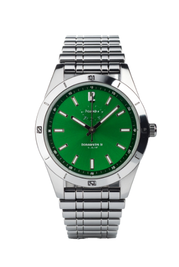 a close up of a green watch
