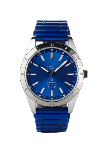 a close up of a blue watch