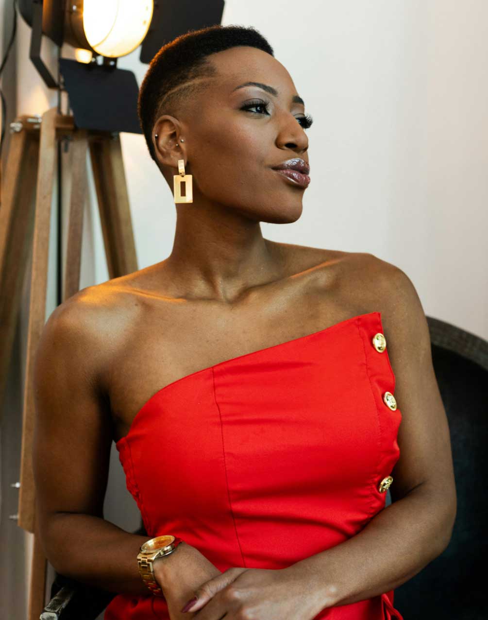 a woman in a red dress