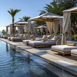 a pool with lounge chairs and umbrellas