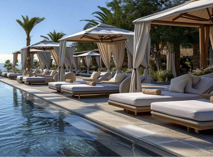 a pool with lounge chairs and umbrellas