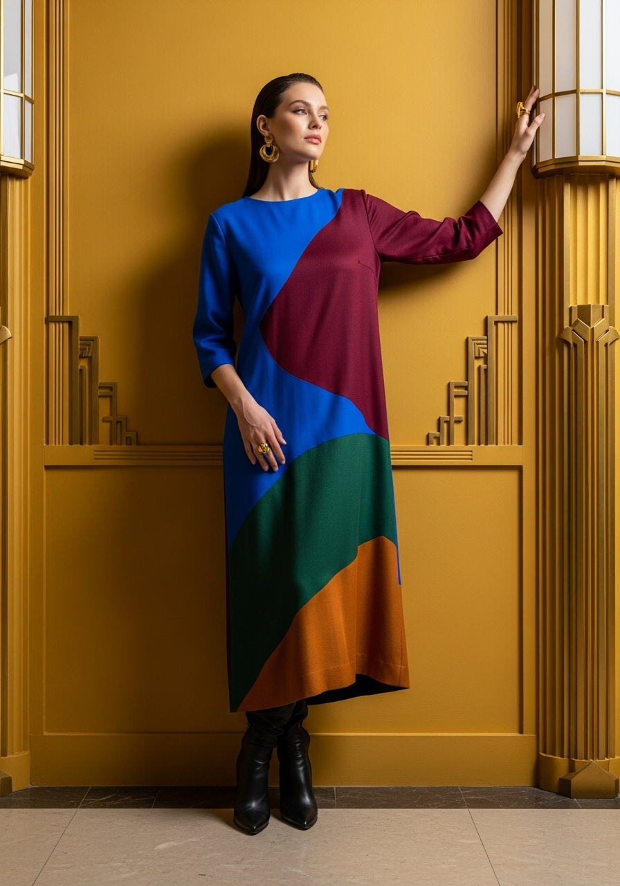 a woman in a colorful dress