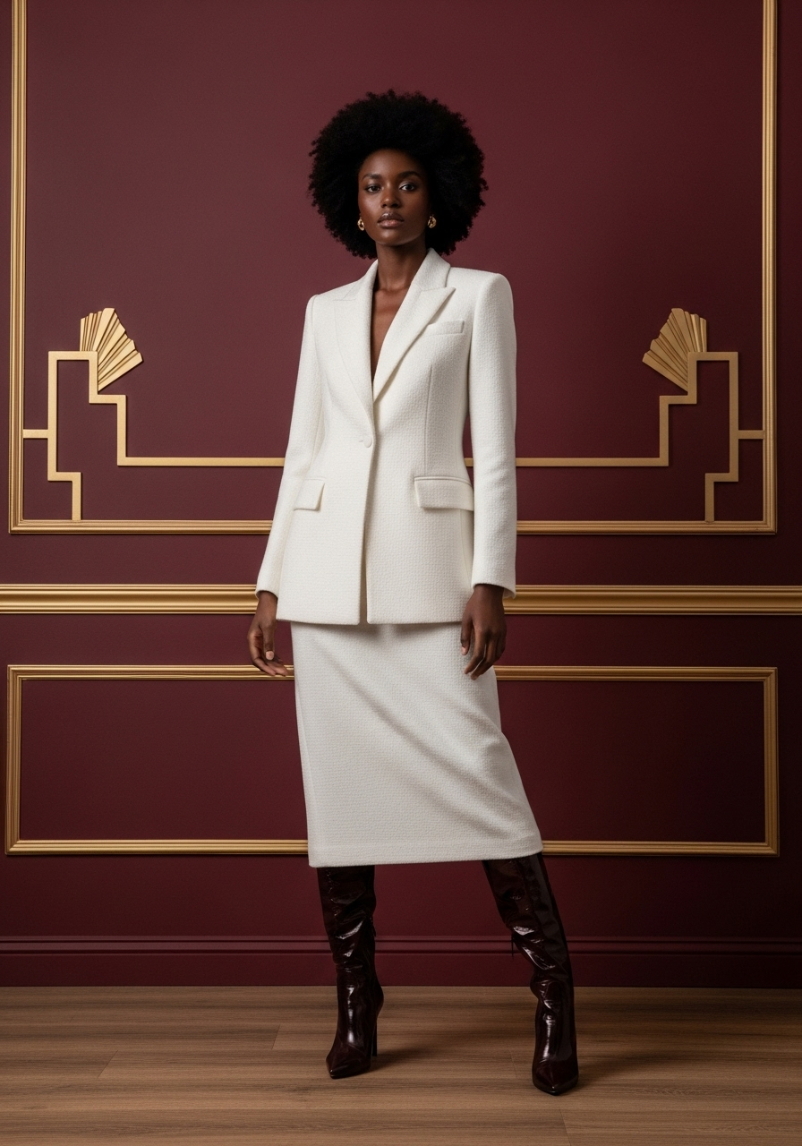 a woman in a white suit