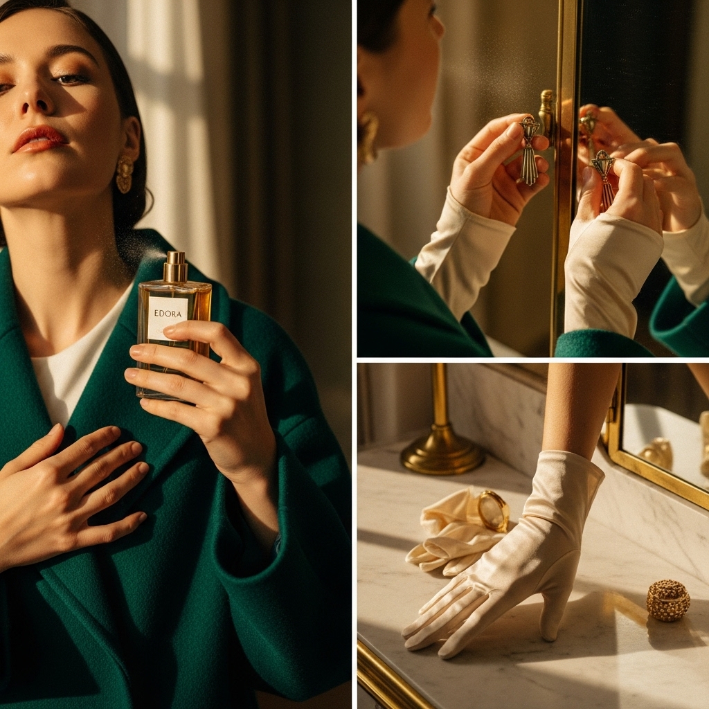 a woman holding a bottle of perfume