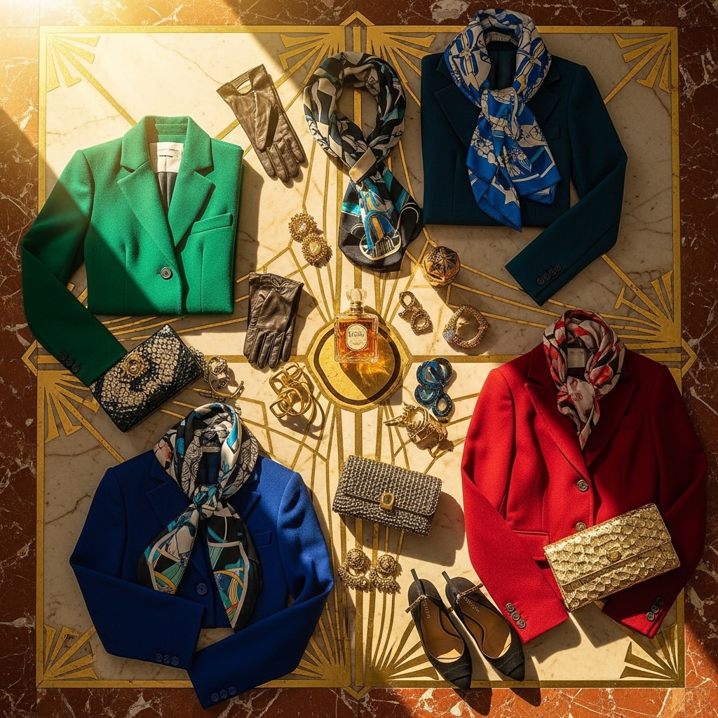 a group of women's clothing and accessories on a marble surface