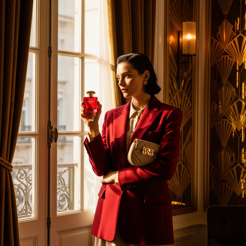 a woman in a red suit holding a bottle of perfume