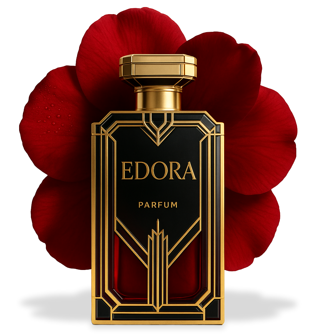 a bottle of perfume with a red flower