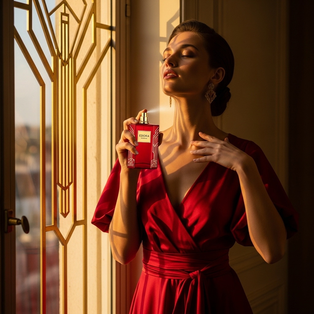 a woman in a red dress holding a bottle of perfume