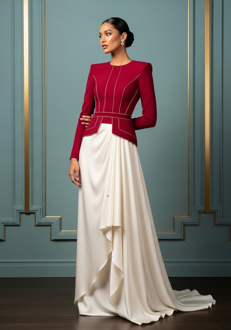 a woman in a red and white dress