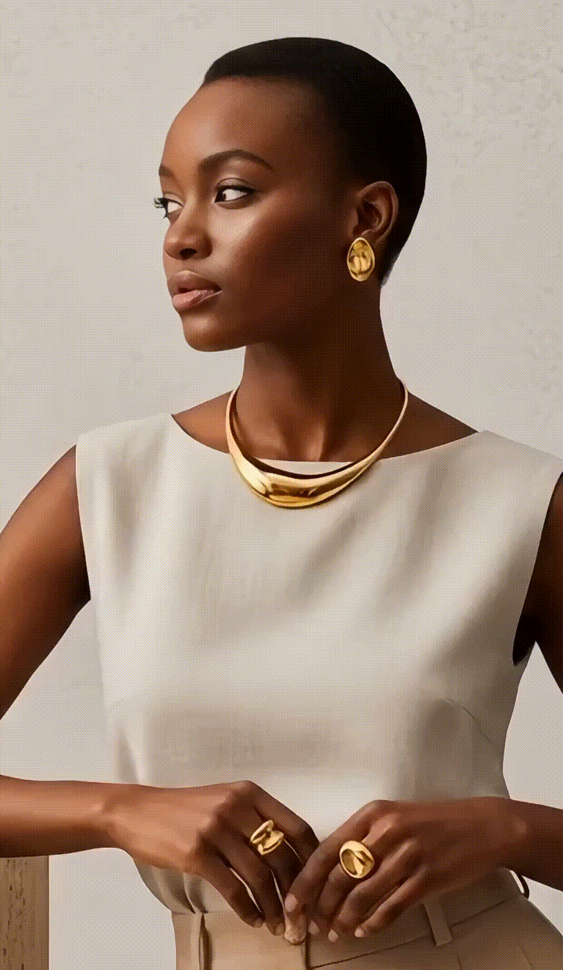 a woman wearing a white dress and gold necklace