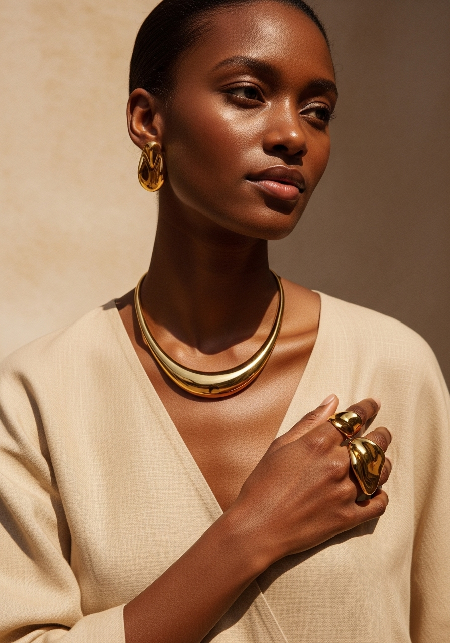 a woman wearing a cream outfit and jewelry