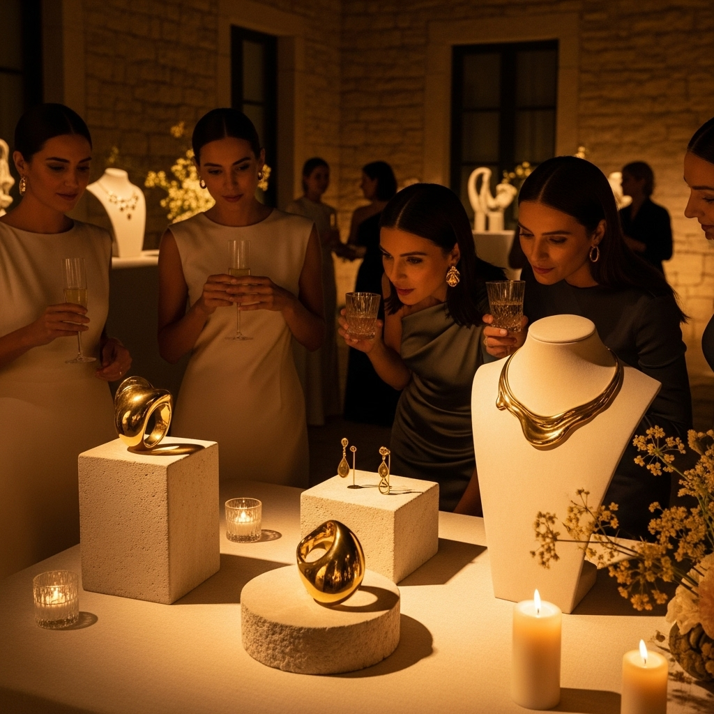 a group of women standing around a table with jewelry and candles