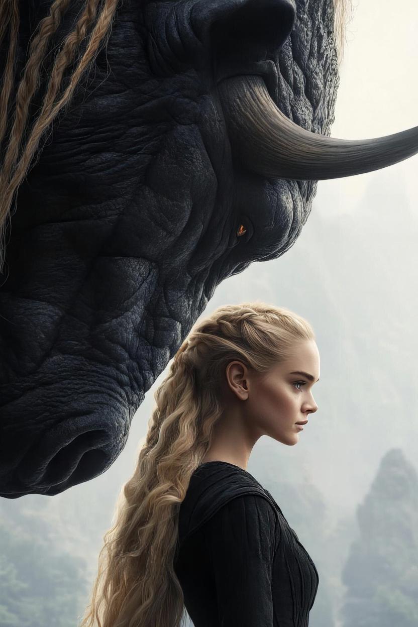 a woman looking at a black horse