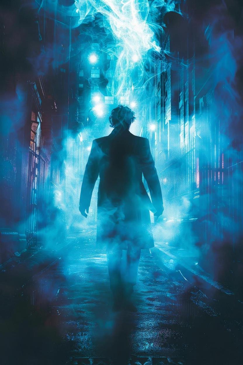 a man walking in a dark alley with blue smoke