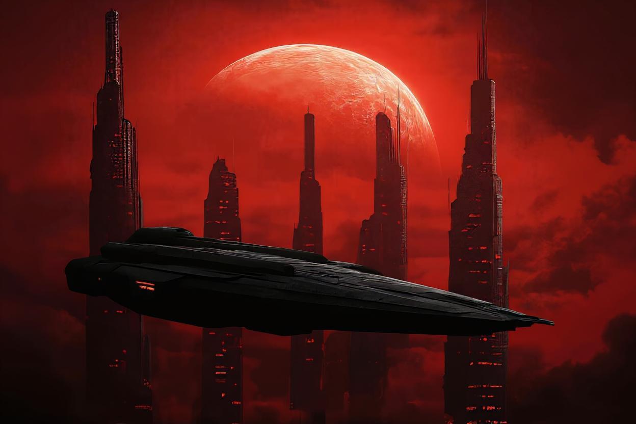 a spaceship flying over a city