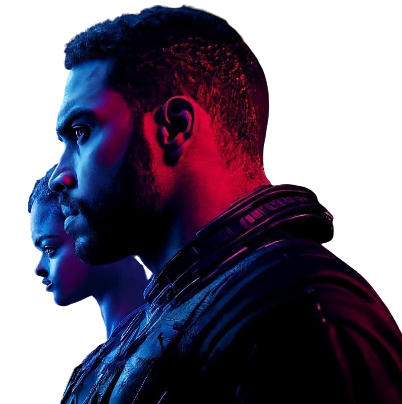 a man and woman looking back