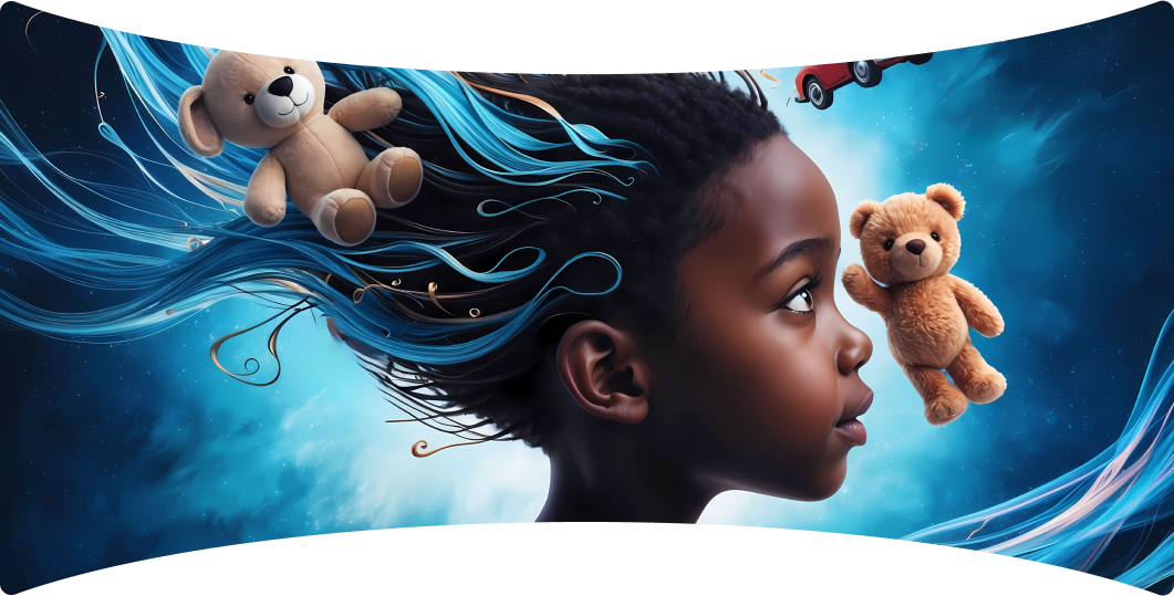 a girl with blue hair and teddy bear