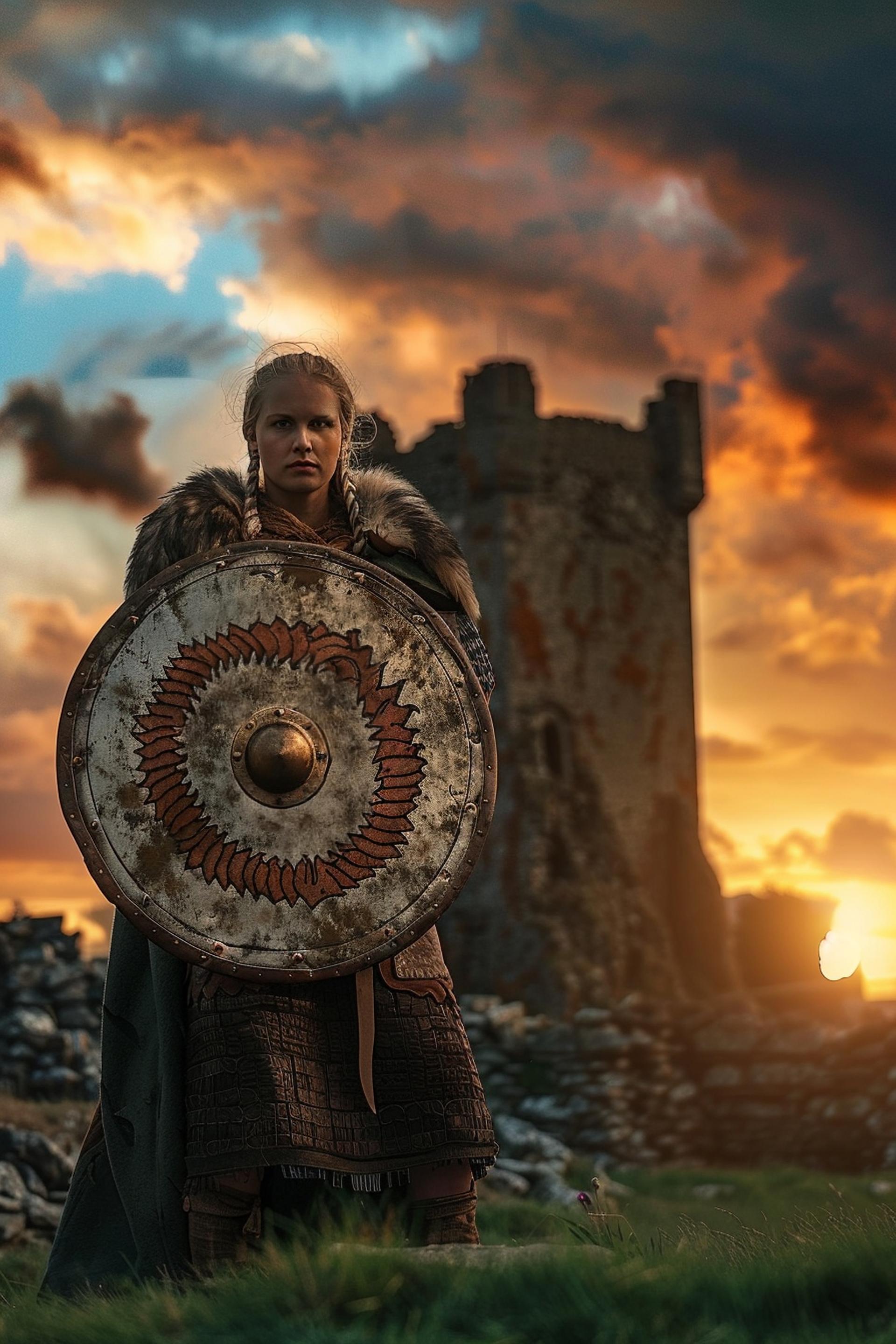 a woman holding a shield in front of a castle