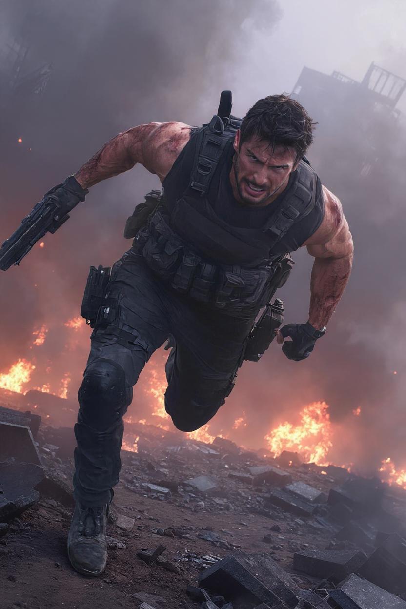 a man running with guns