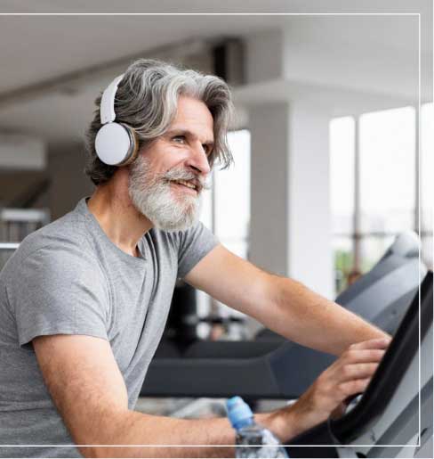 a man wearing headphones and running on a treadmill