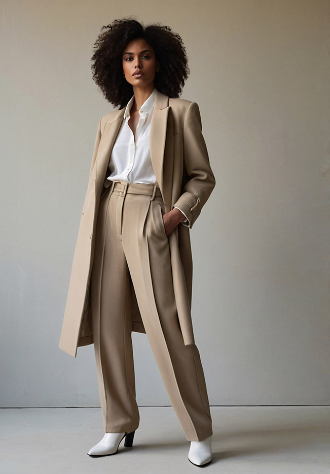 a woman in a beige suit