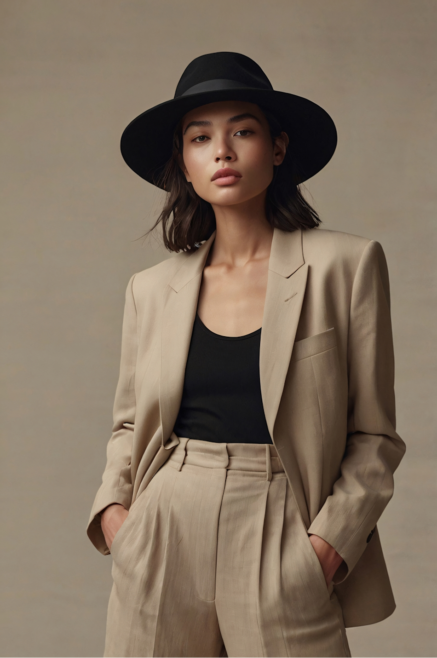 a woman in a suit and hat