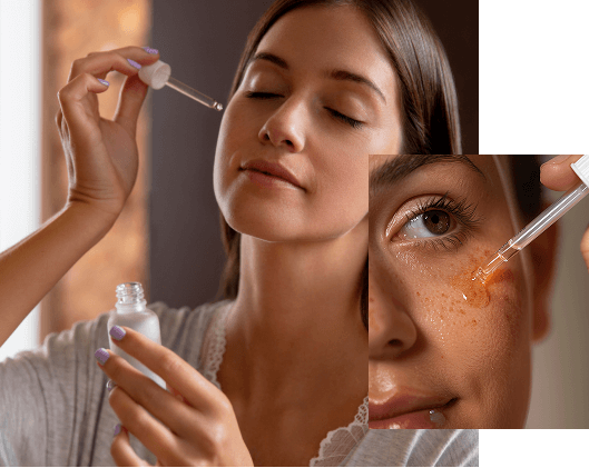 a woman applying a dropper to her face