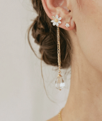 a woman wearing earrings with a flower from her ear