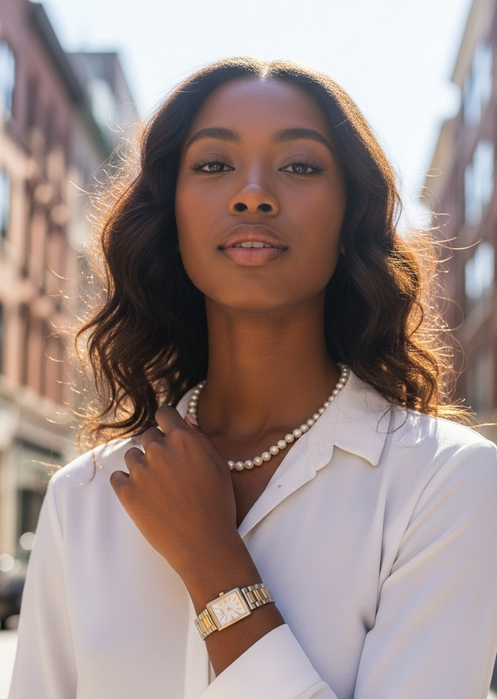 a woman in a white shirt with a watch