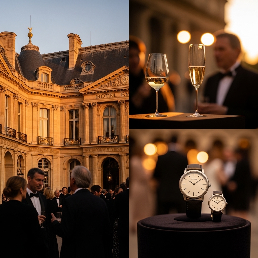 a group of people in suits and a couple of glasses of wine