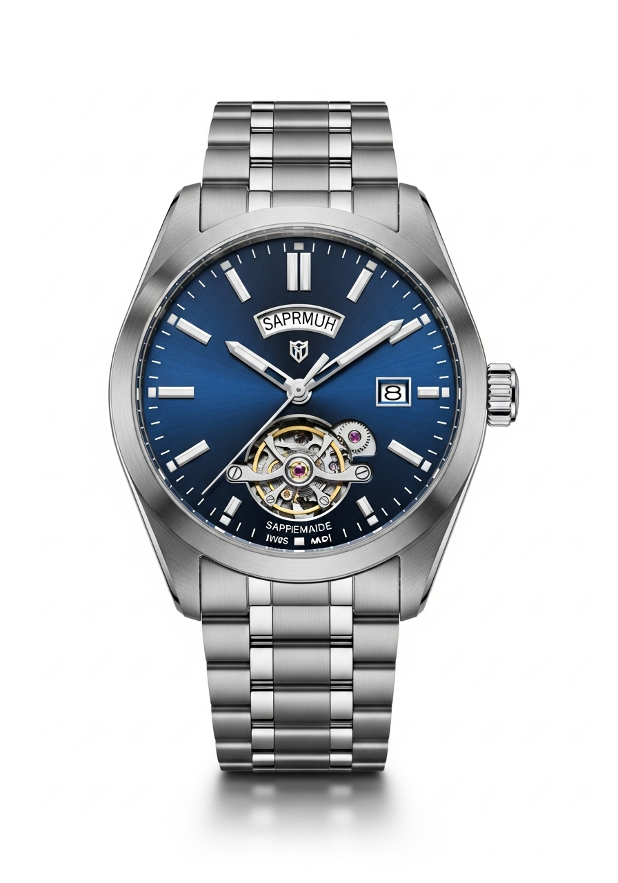 a silver watch with a blue face