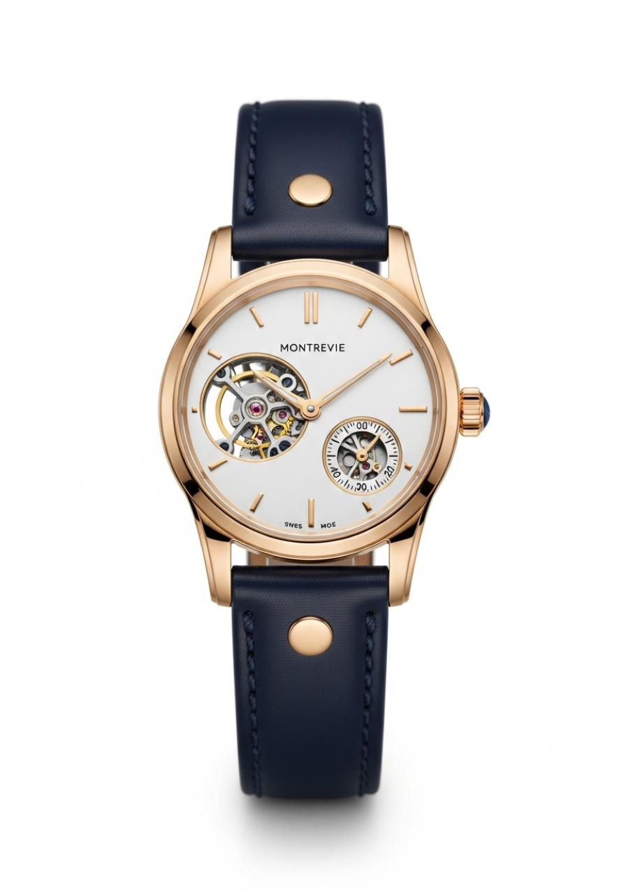 a gold and blue watch with a white face