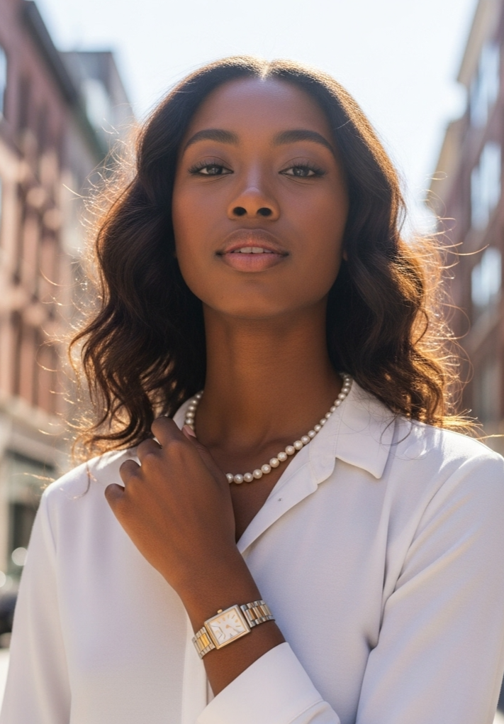 a woman in a white shirt with a watch