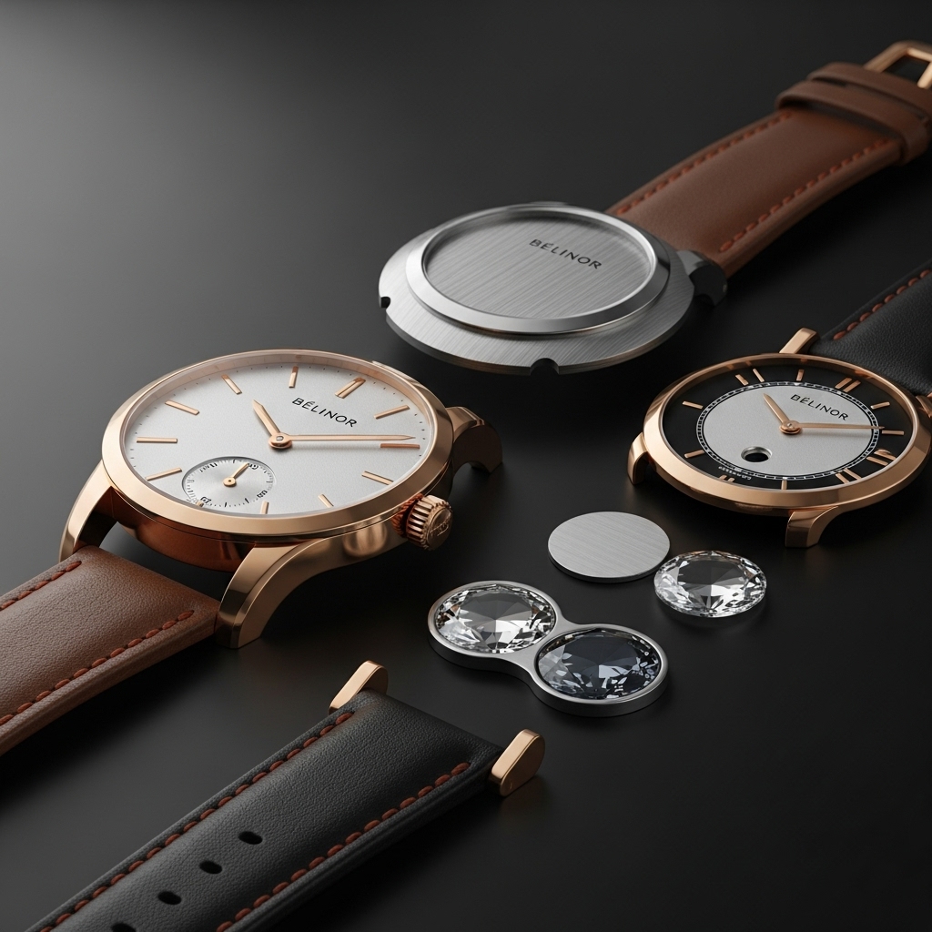 a group of watches with leather straps