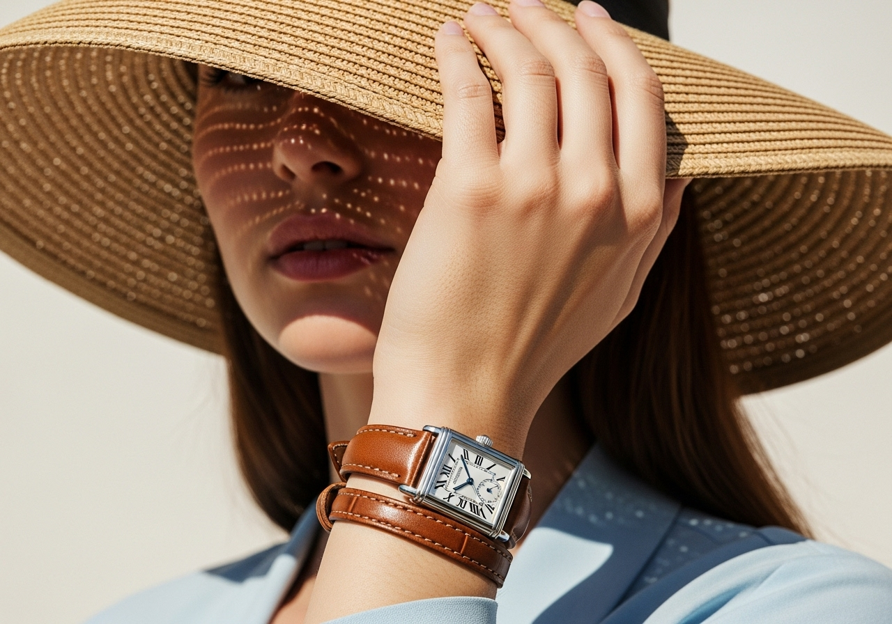a woman wearing a hat and a watch