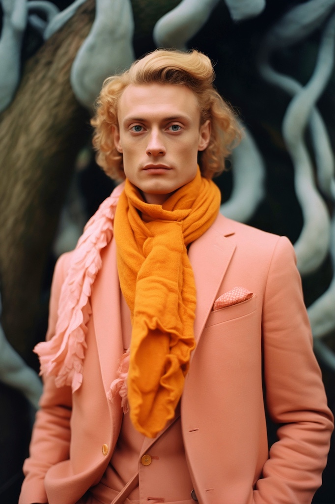a man in a pink coat and orange scarf