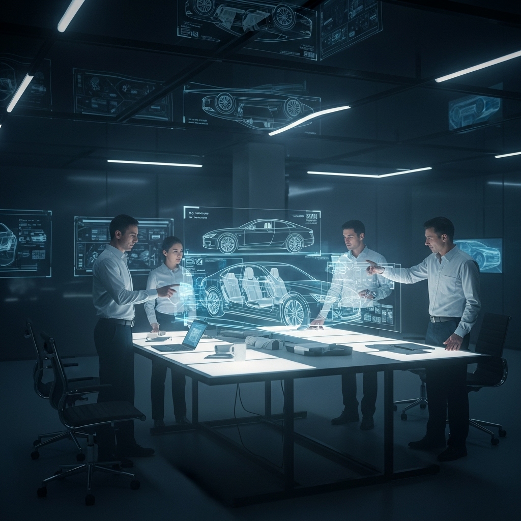 a group of people standing around a table with a hologram