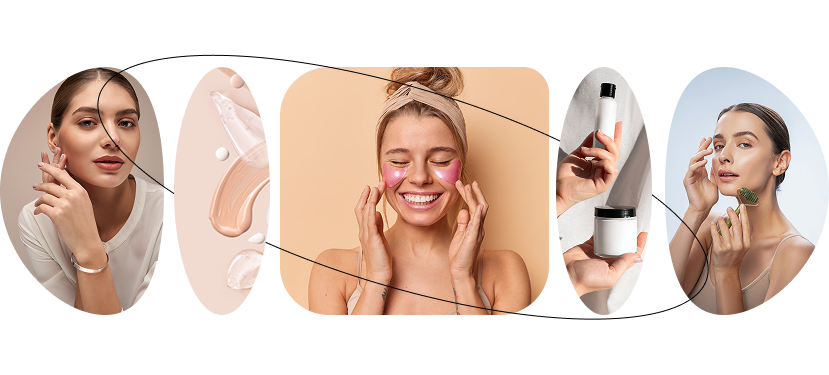 a collage of a woman applying a mask