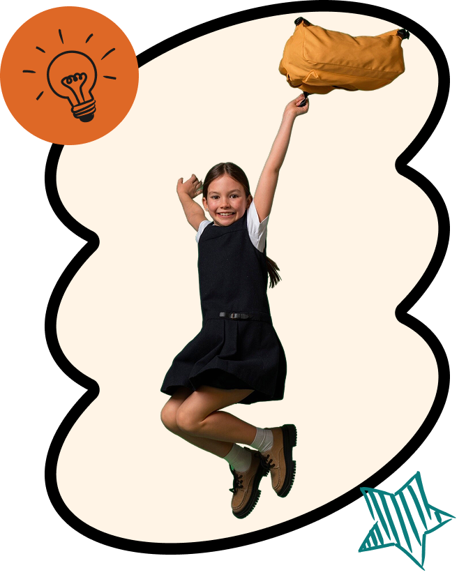 a girl jumping in the air with her hand up