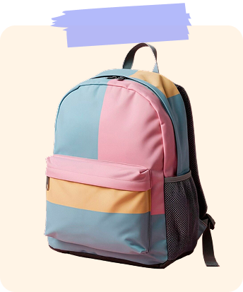 a backpack with a pink and blue stripe