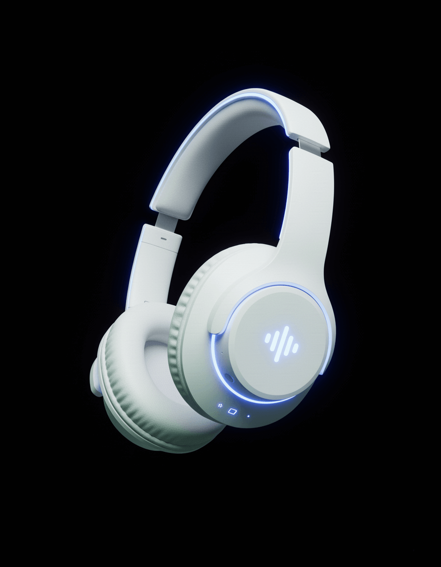 a white headphones with blue lights
