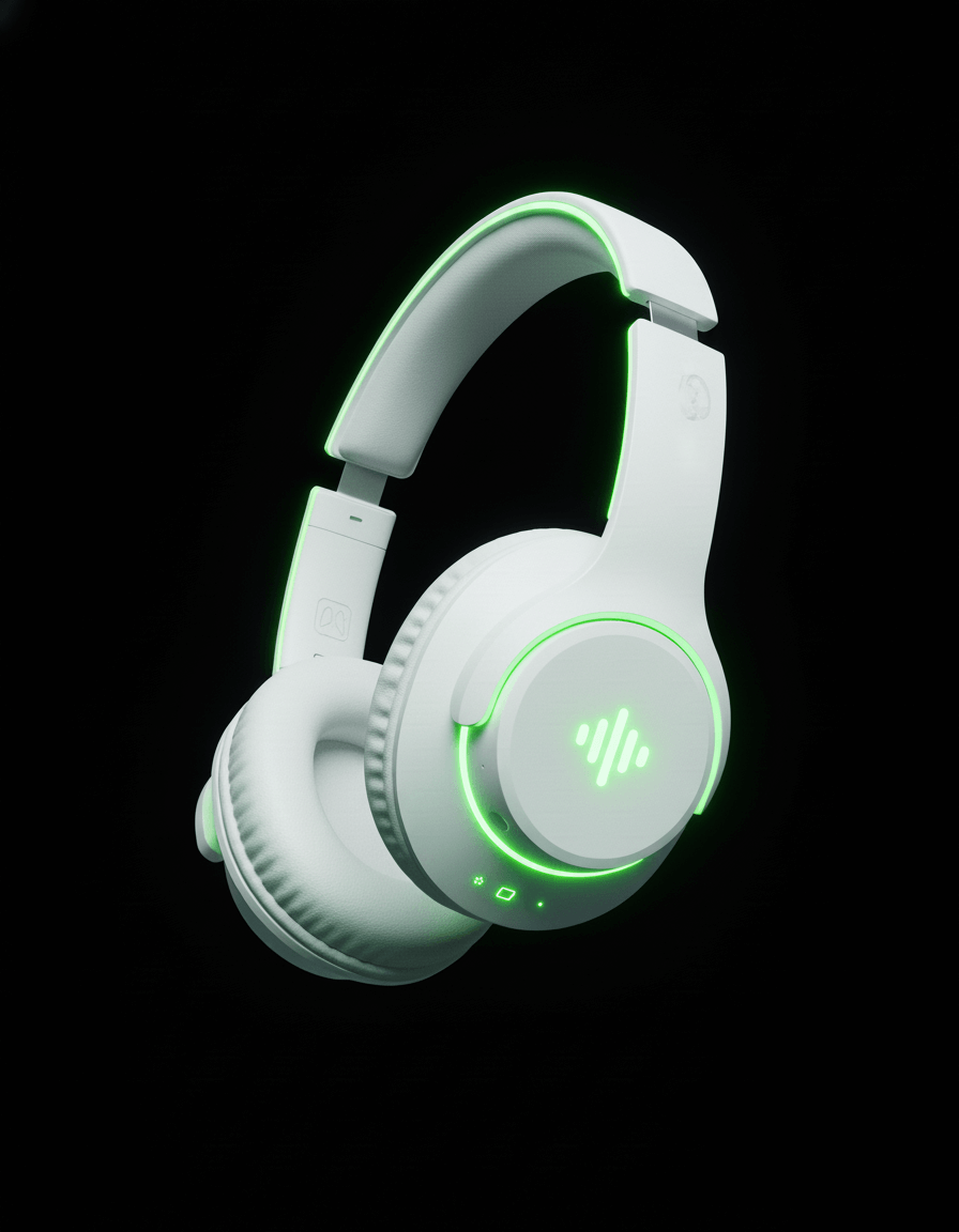a white headphones with green lights