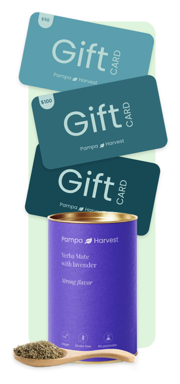 gift cards and a can of yerba mate with a spoon