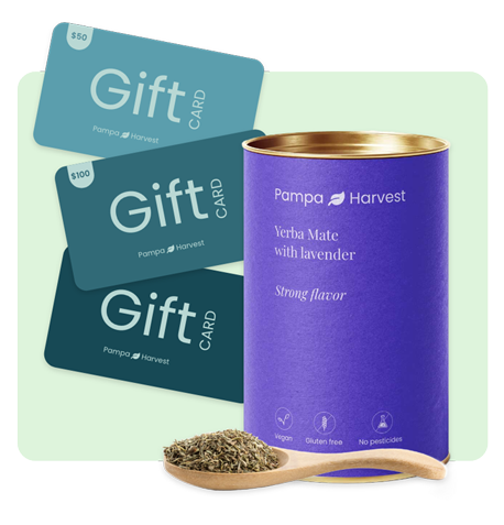 gift cards and a can of yerba mate with a spoon
