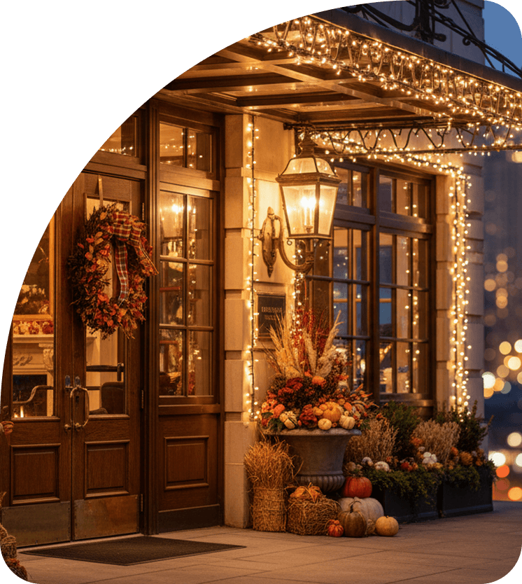a front door of a building with lights