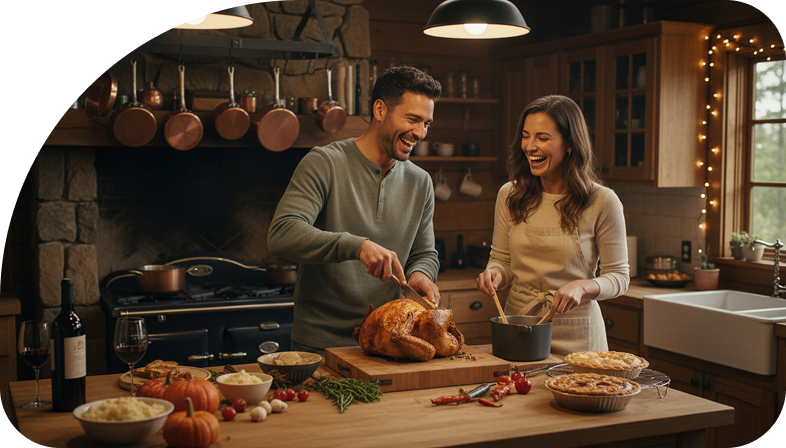 a man and woman cooking in a kitchen