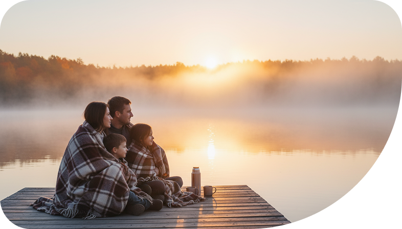 a family sitting on a dock with blanket on