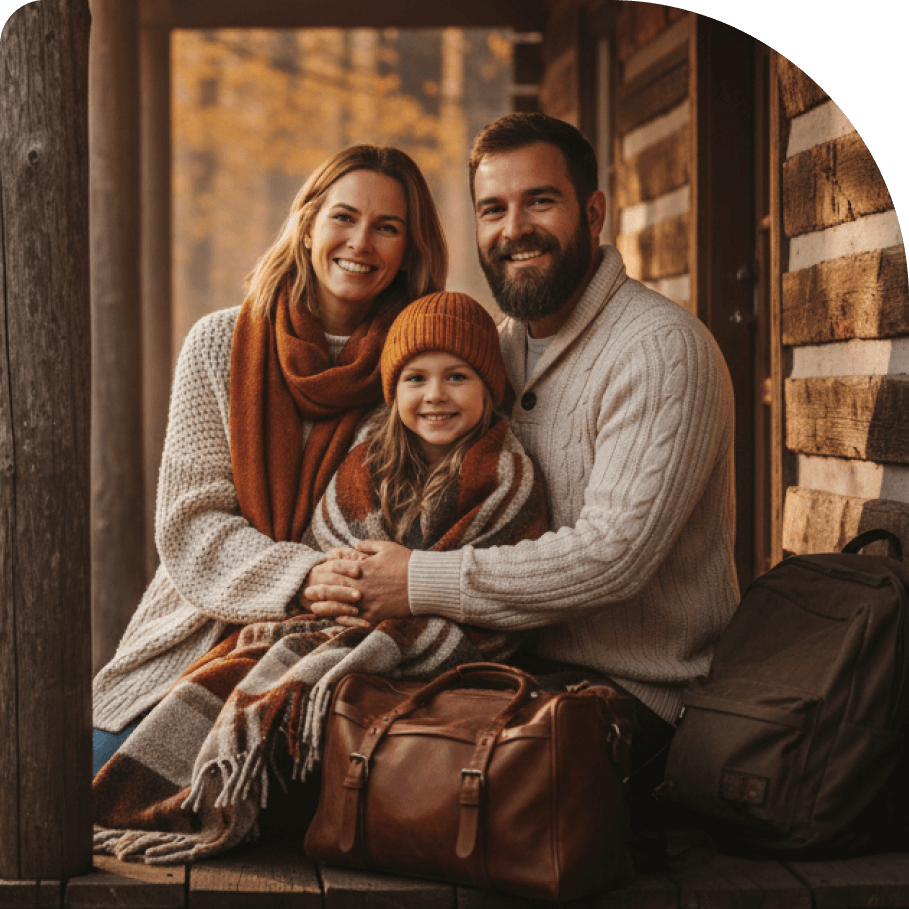 a family sitting on a porch