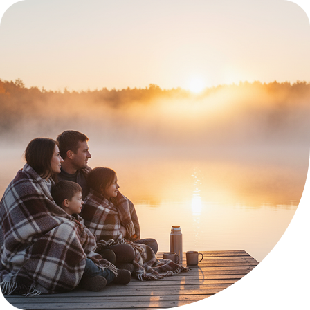 a family sitting on a dock with blanket on